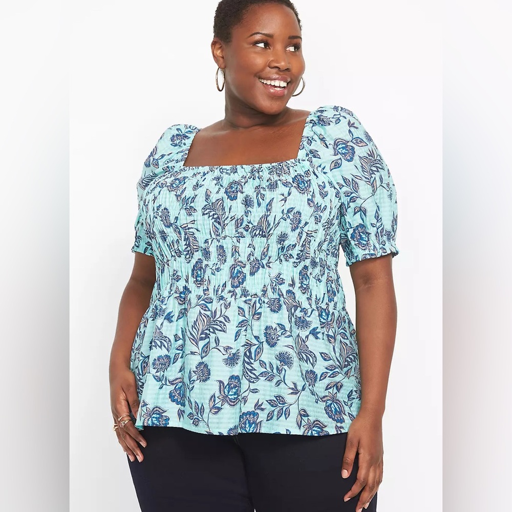 New Lane Bryant Vineyard Turquoise Peplums Smocked Square Neck Top Size 22